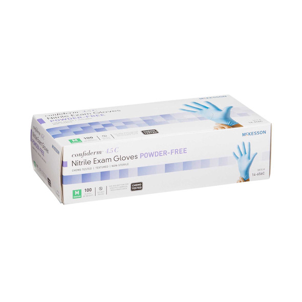 Exam Glove McKesson Confiderm 4.5C NonSterile Blue Powder Free Nitrile Ambidextrous Textured Fingertips Chemo Tested Medium 14-656C Case/1000 14-656C MCK BRAND 921603_CS