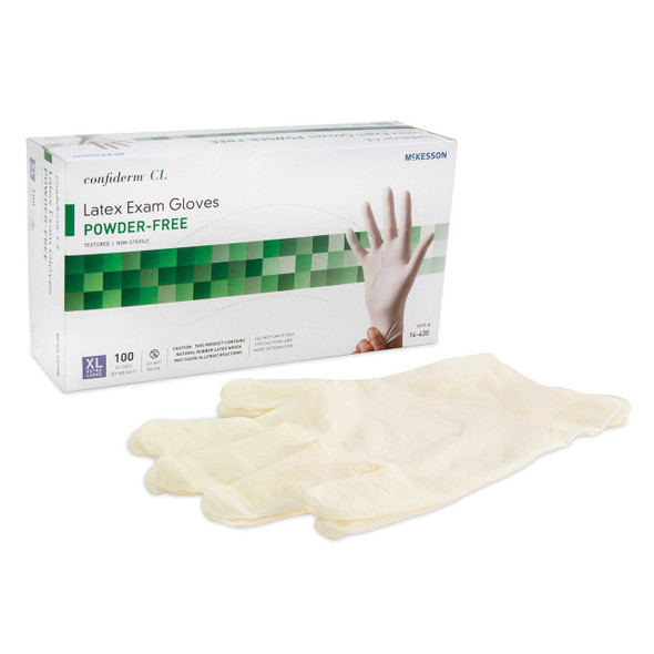 Exam Glove McKesson Confiderm NonSterile Ivory Powder Free Latex Ambidextrous Textured Fingertips Not Chemo Approved X-Large 14-430 Box/100 14-430 McKesson Confiderm 921595_BX