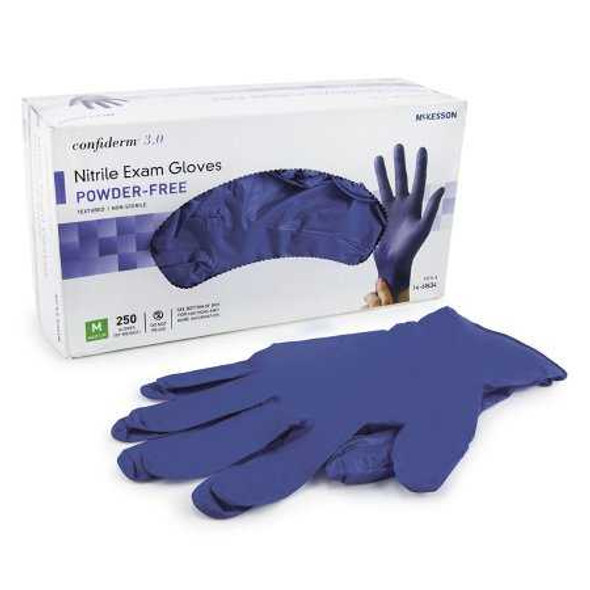 Exam Glove McKesson Confiderm 3.0 NonSterile Blue Powder Free Nitrile Ambidextrous Textured Fingertips Not Chemo Approved Medium 14-6N34 Case/2500 14-6N34 MCK BRAND 957802_CS