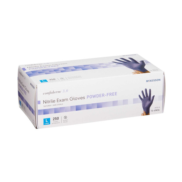 Exam Glove McKesson Confiderm 3.0 NonSterile Blue Powder Free Nitrile Ambidextrous Textured Fingertips Not Chemo Approved Large 14-6N36 Box/250 14-6N36 MCK BRAND 957803_BX