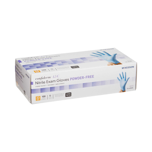 Exam Glove McKesson Confiderm 4.5C NonSterile Blue Powder Free Nitrile Ambidextrous Textured Fingertips Chemo Tested X-Small 14-652C Box/100 14-652C MCK BRAND 921601_BX