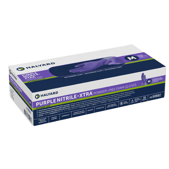 Exam Glove Purple Nitrile-Xtra NonSterile Purple Powder Free Nitrile Ambidextrous Textured Fingertips Chemo Tested Medium 50602 Box/50 50602 HALYARD SALES LLC 365066_BX