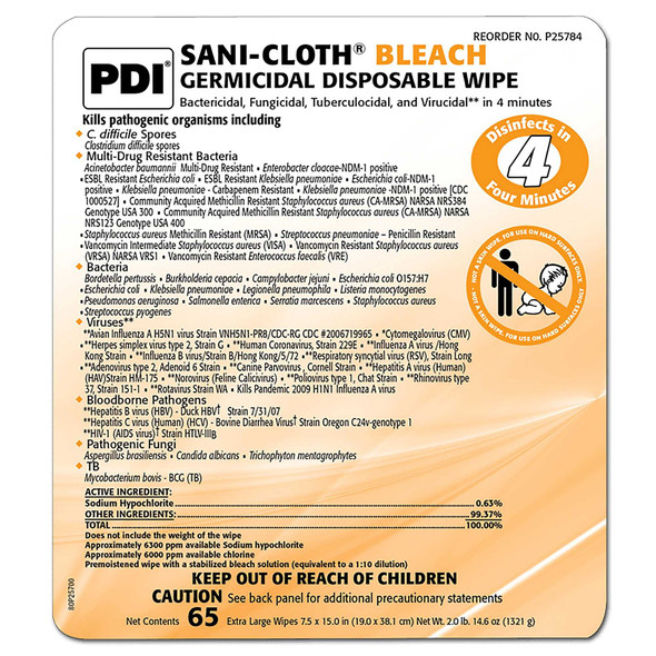 Surface Disinfectant Cleaner Sani-Cloth Bleach Wipe 65 Count Canister Manual Pull Chlorine Scent P25784 CN/65 P25784 PDI/NICE-PAK 835086_CN