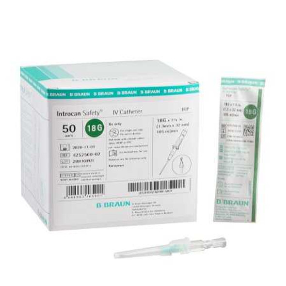 Peripheral IV Catheter Introcan Safety 18 Gauge 1-1/4 Inch Sliding Safety Needle 4252560-02 Box/50 4252560-02 B.BRAUN MEDICAL INC. 629262_BX