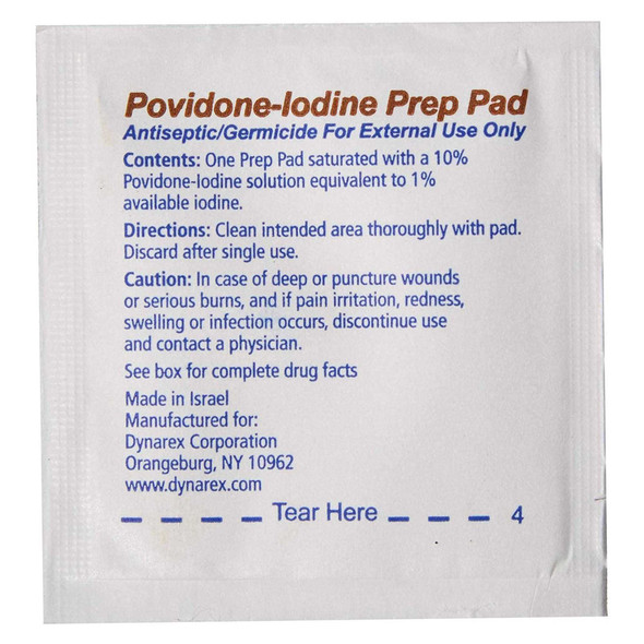 PVP Prep Pad Dynarex Povidone Iodine 10% Individual Packet Medium 1108 Box/100 1108 DYNAREX CORP. 632679_BX