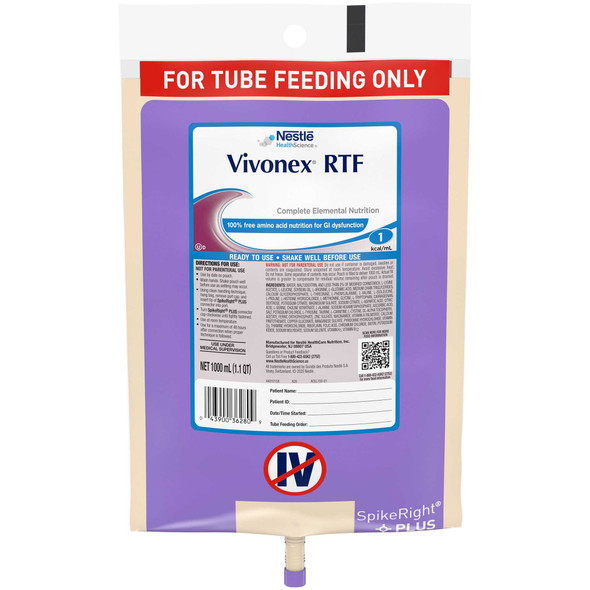 Tube Feeding Formula Vivonex RTF 1000 mL Bag Ready to Hang Adult 36280100 Case/6 36280100 NESTLE'HEALTHCARE NUTRITION 693724_CS