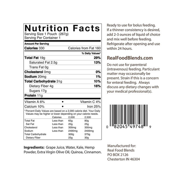 Tube Feeding Formula Real Food Blends® Quinoa / Kale / Hemp Flavor Liquid 9.4 oz. Pouch 176992 Pack of 1 49748 Real Food Blends® 979852_EA