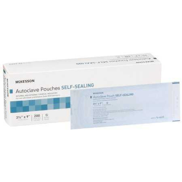 Sterilization Pouch McKesson EO Gas / Steam 3.5 X 9 Inch Transparent Blue / White Self Seal Paper / Film 16-6423 Box/200 16-6423 MCK BRAND 960943_BX