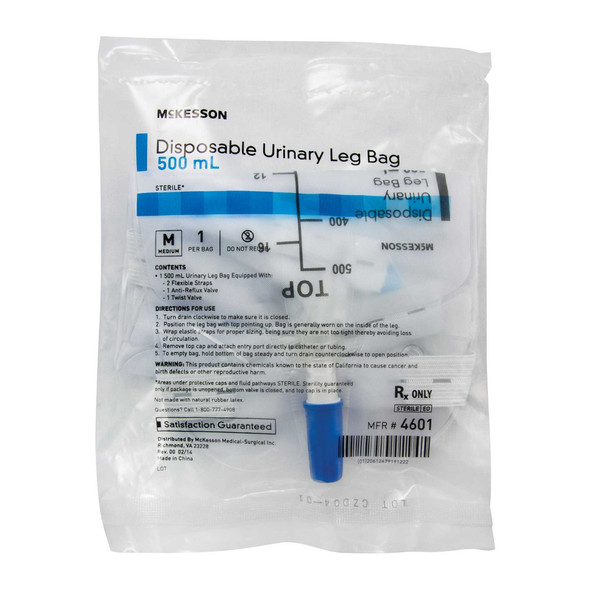 Urinary Leg Bag McKesson Anti-Reflux Valve 500 mL Vinyl 4601 Each/1 4601 MCK BRAND 854582_EA