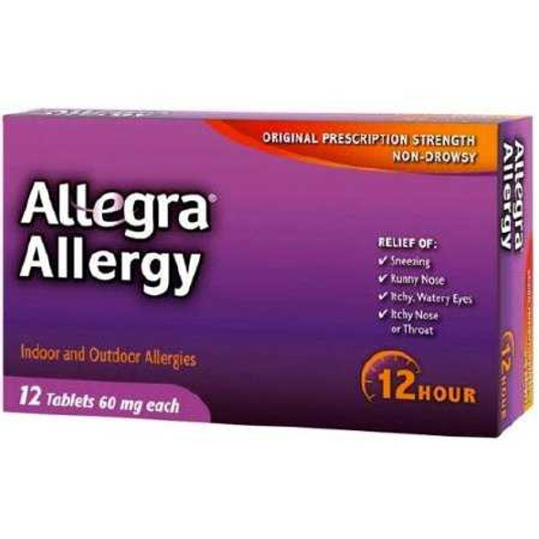 Allegra Allergy Relief Fexofenadine HCl 60 mg Strength, 12 Tablets per Box, Box of 1 2140713 Allegra® 767037_BX