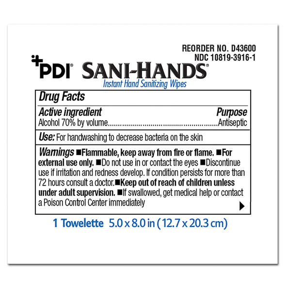Sanitizing Skin Wipe Sani-Hands ALC Individual Packet Alcohol Unscented 1 Count D43600 Case/1000
