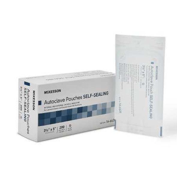 Sterilization Pouch McKesson EO Gas / Steam 3.5 X 5 Inch Transparent Blue / White Self Seal Paper / Film 16-6420 Box/200 16-6420 MCK BRAND 960942_BX