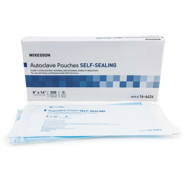Sterilization Pouch McKesson EO Gas / Steam 8 X 16 Inch Transparent Blue / White Self Seal Paper / Film 16-6426 Box/200 16-6426 MCK BRAND 960946_BX