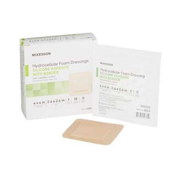 Foam Dressing McKesson 4 x 4 Inch With Border Film Backing Silicone Gel Adhesive Square Sterile 4843 Case of 200 4843 McKesson 886432_CS