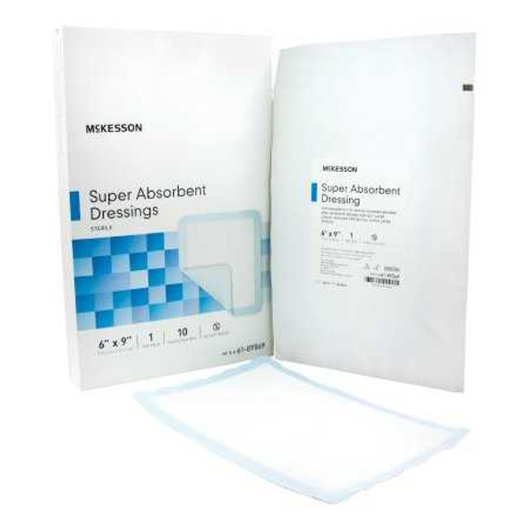 Super Absorbent Polymer Dressing McKesson Polyethylene NonWoven Polypropylene Cellulose and Superabsorber 6 X 9 Inch Sterile 61-89569 Case/50 61-89569 MCK BRAND 682971_CS