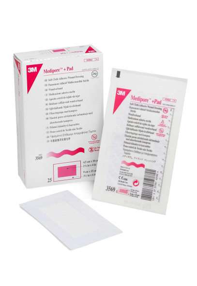 Adhesive Dressing 3M Medipore 3.5 X 6 Inch Soft Cloth Rectangle White Sterile 3569 Each/1 3569 3M 324094_EA