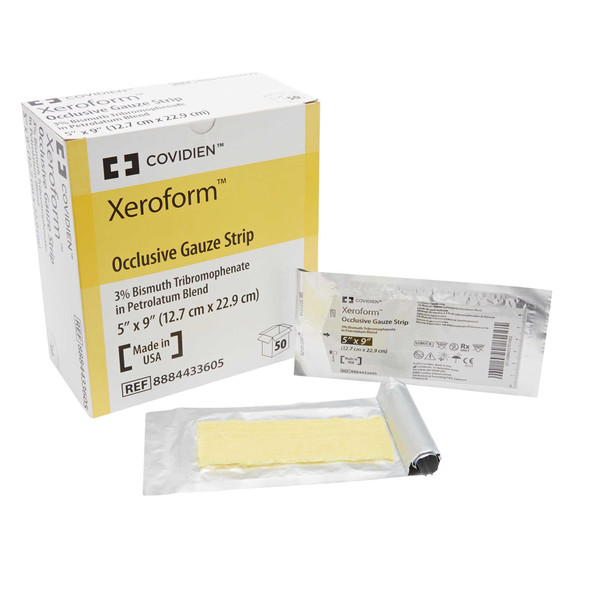 Xeroform Petrolatum Impregnated Dressing Xeroform™ Occlusive Strip 5 x 9 Inch Sterile 8884433605 Box of 50 8884433605 Xeroform™ Occlusive 163166_BX