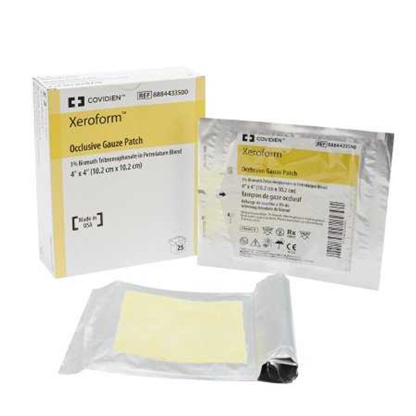 Petrolatum Impregnated Dressing Xeroform 4 X 4 Inch Gauze Bismuth Tribromophenate / Petrolatum Sterile 8884433500 Box/25 8884433500 KENDALL HEALTHCARE PROD INC. 30819_BX