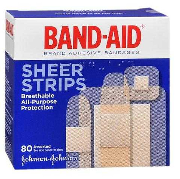 Adhesive Strip Band-Aid 2.25 X 3 Inch / .75 X 3 Inch / 0.625 X 2.25 Inch / 0.875 X 0.875 Inch Plastic Assorted Sizes Sheer Sterile 2499564 Box/80 2499564 US PHARMACEUTICAL DIVISION/MCK 680278_BX