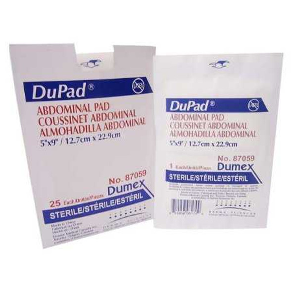 Abdominal Pad DuPad Cellulose / Hydrophobic Material / Moisture Barrier 5 X 9 Inch Rectangle Sterile 87059 Box/25 87059 DERMA SCIENCES/MED SURG. 645793_BX