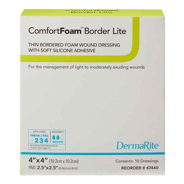 Thin Silicone Foam Dressing ComfortFoam Border Lite 4 X 4 Inch Square Adhesive with Border Sterile 47440 Box/10 47440 DERMARITE INDUSTRIES LLC 1003181_BX