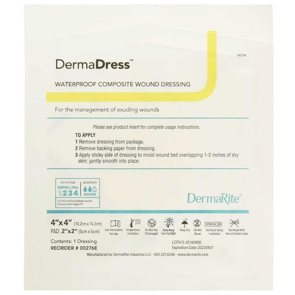 Composite Dressing Dermadress 4 X 4 Inch Sterile 00276E Box/10 00276E DERMARITE INDUSTRIES LLC 584146_BX