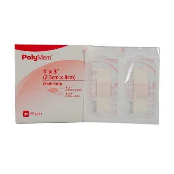 Adhesive Strip PolyMem 1 X 3 Inch Fabric Rectangle Tan / White Sterile 7031 Box/20 7031 FERRIS MANUFACTURING 543360_BX
