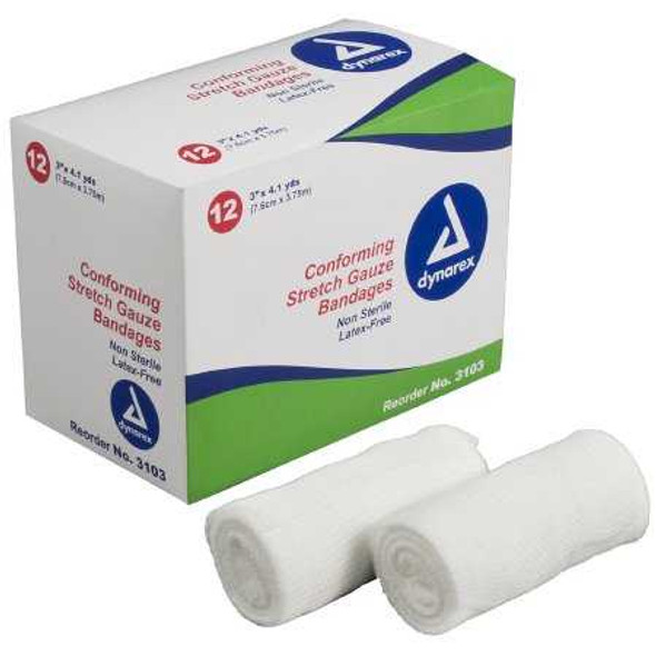 Conforming Bandage Dynarex Polyester 3 Inch X 4-1/10 Yard Roll NonSterile 3103 Case/96 3103 DYNAREX CORP. 691353_CS