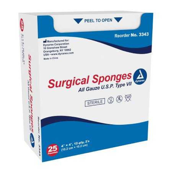 Gauze Sponge Dynarex Gauze 12-Ply 4 X 4 Inch Square Sterile 3343 Case/1200 3343 DYNAREX CORP. 583393_CS
