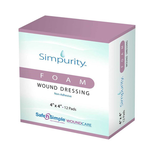 Foam Dressing Simpurity 4 X 4 Inch Square Non-Adhesive without Border Sterile SNS51W04 Box/12 SNS51W04 SAFE N SIMPLE LLC 950088_BX