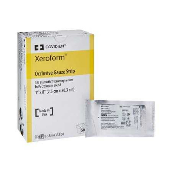 Petrolatum Impregnated Dressing Xeroform 1 X 8 Inch Gauze Bismuth Tribromophenate / Petrolatum Sterile 8884433301 Case/200 8884433301 KENDALL HEALTHCARE PROD INC. 147128_CS