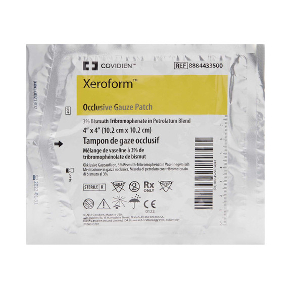 Petrolatum Impregnated Dressing Xeroform 4 X 4 Inch Gauze Bismuth Tribromophenate / Petrolatum Sterile 8884433500 Case/150 8884433500 KENDALL HEALTHCARE PROD INC. 30819_CS