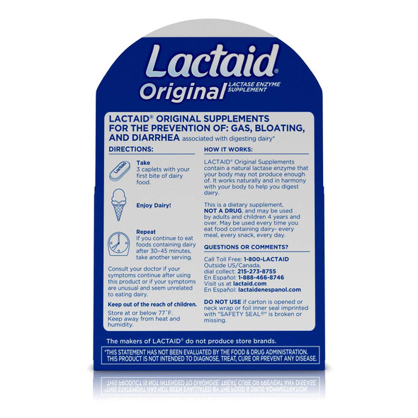 Lactase Enzyme Supplement Lactaid Original 5 mg / 9000 FCC Units Strength Caplet 120 per Box 10300450080032 Each/1 1.03E+13 JOHNSON&JOHNSON CONSUMER INC 696219_BT