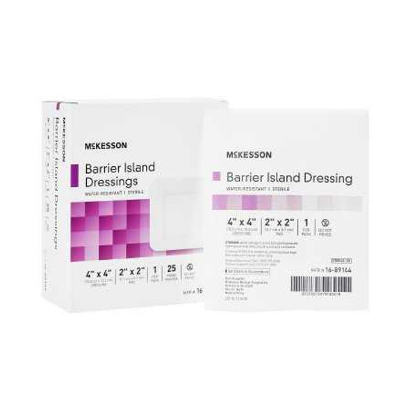 Composite Barrier Island Dressing Water Resistant McKesson 4 X 4 Inch Polypropylene / Rayon 2 X 2 Inch Pad Sterile 16-89144 Box/25 16-89144 MCK BRAND 488920_BX