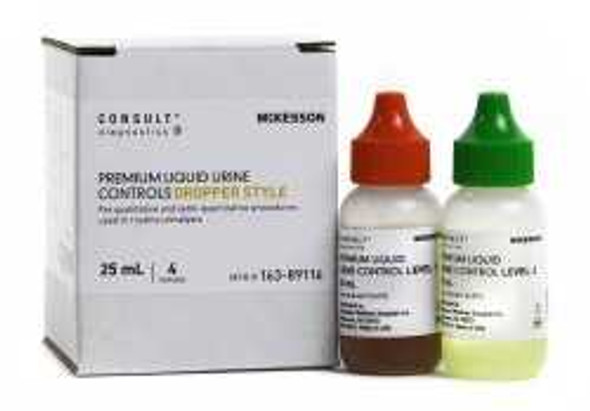 Urine Chemistry Premium Liquid Urine Dropper Controls 2 Levels McKesson Consult Analyte Testing Positive / Negative 2 Level 1 Abnormal 25 mL Bottles 2 Level 2 Normal with hCG 25 mL Bottles 163-89116 Box/4 MCK BRAND 1057384_BX