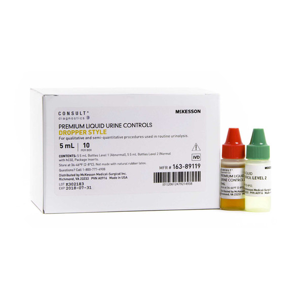 Urine Chemistry Premium Liquid Urine Dropper Controls 2 Levels McKesson Consult Analyte Testing Positive / Negative 5 Level 1 Abnormal 5 mL Bottles 5 Level 2 Normal with hCG 5 mL Bottles 163-89119 Box/10 MCK BRAND 1057387_BX