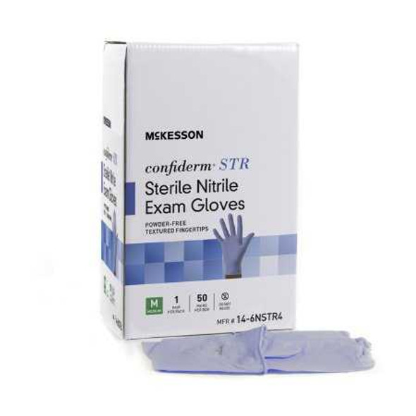 Exam Glove McKesson Confiderm STR Sterile Pair Blue Powder Free Nitrile Ambidextrous Textured Fingertips Not Chemo Approved X-Large 14-6NSTR8 Box/50 MCK BRAND 1065408_BX