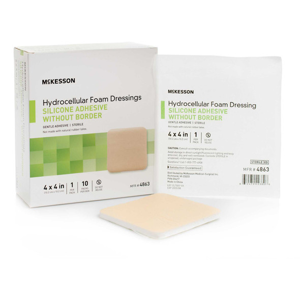 Silicone Foam Dressing McKesson 4 X 4 Inch Square Silicone Gel Adhesive without Border Sterile 4863 Box/10 MCK BRAND 1083086_BX