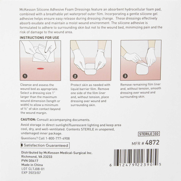 Thin Silicone Foam Dressing McKesson Lite 3 X 3 Inch Square Silicone Gel Adhesive with Border Sterile 4872 Case/200 MCK BRAND 1083089_CS