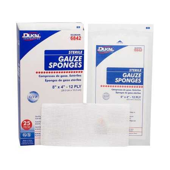 Gauze Sponge Dukal Cotton 12-Ply 8 X 4 Inch Rectangle Sterile 6842 Box/25 DUKAL CORPORATION 1029665_BX