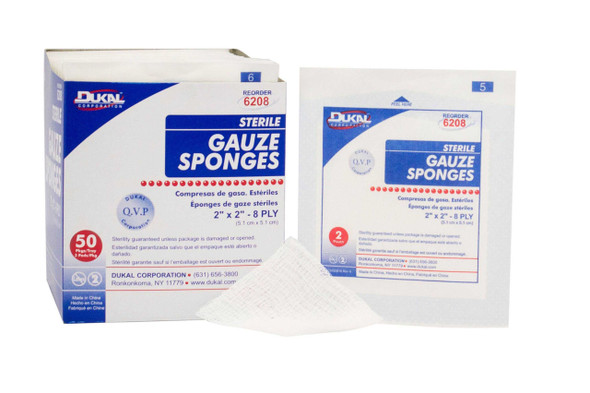 Gauze Sponge Dukal™ 2 x 2 Inch 2 per Pack Sterile 8-Ply Square 6208 Case of 3000 Dukal™ 374444_CS