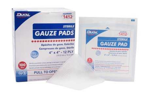 Gauze Sponge Dukal Cotton 12-Ply 4 X 4 Inch Square Sterile 1412 Box/100 DUKAL CORPORATION 381307_BX