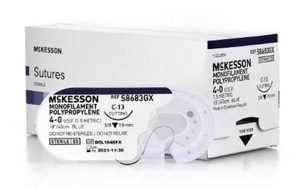 Suture with Needle McKesson Nonabsorbable Blue Monofilament Polypropylene Size 4-0 18 Inch Suture 1-Needle 19 mm 3/8 Circle Reverse Cutting Needle S8683GX Box/12 MCK BRAND 1034520_BX