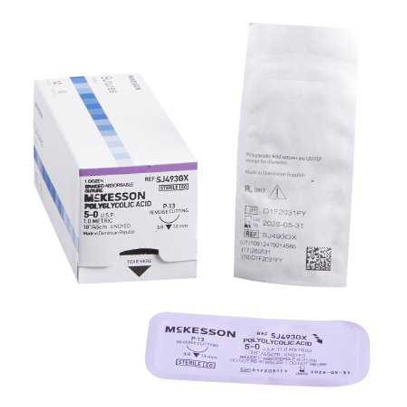 Suture with Needle McKesson Absorbable Undyed Braided Polyglycolic Acid Size 5-0 18 Inch Suture 1-Needle 13 mm 3/8 Circle Reverse Cutting Needle SJ493GX Box/12 MCK BRAND 1034534_BX