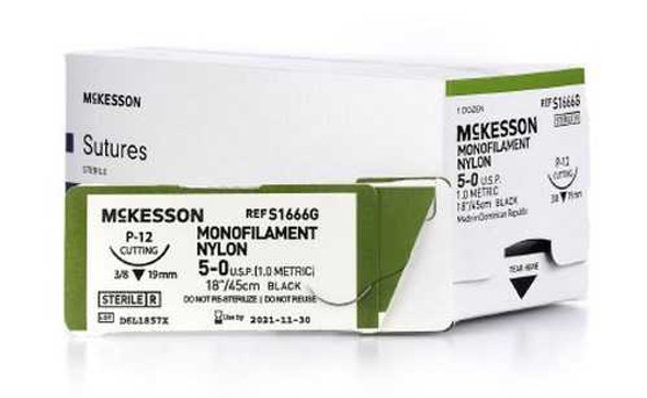 Suture with Needle McKesson Nonabsorbable Monofilament Nylon Size 5-0 18 Inch Suture 1-Needle 19 mm 3/8 Circle Reverse Cutting Needle S1666G Box/12 MCK BRAND 1034501_BX