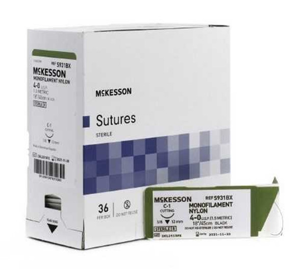 Suture with Needle McKesson Nonabsorbable Black Monofilament Nylon Size 4-0 18 Inch Suture 1-Needle 12 mm 3/8 Circle Reverse Cutting Needle S931BX Box/36 MCK BRAND 1034514_BX