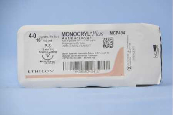 Suture with Needle Monocryl Plus Absorbable Undyed Poliglecaprone 25 with Irgacare MP Antibacterial Size 4-0 18 Inch Suture 1-Needle 13 mm 3/8 Circle Precision Point - Reverse Cutting Needle MCP494G Box/12 JOHNSON & JOHNSON ETHICON 547512_BX