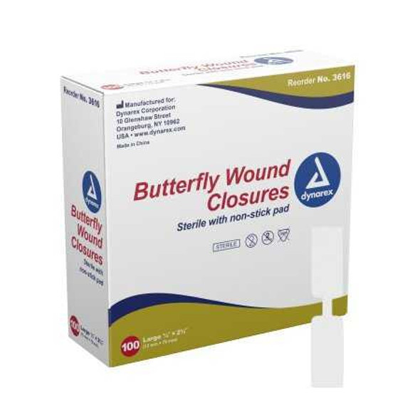 Skin Closure Strip Secure Strip 1/2 X 2-3/4 Inch Plastic Butterfly Closure White 3616 Box/100 2630- Dynarex 670176_BX