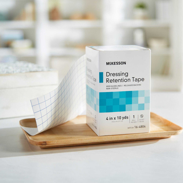 Water Resistant Dressing Retention Tape with Liner McKesson White 4 Inch x 10 Yard Nonwoven / Printed Release Paper NonSterile 16-4804 Box of 1 DVS94529489 McKesson 1087972_BX