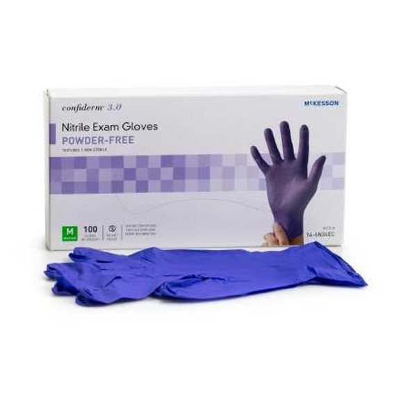 Exam Glove McKesson Confiderm 3.0 Medium NonSterile Nitrile Standard Cuff Length Textured Fingertips Blue Not Chemo Approved 14-6N34EC Box/100 27385 MCK BRAND 1107941_BX